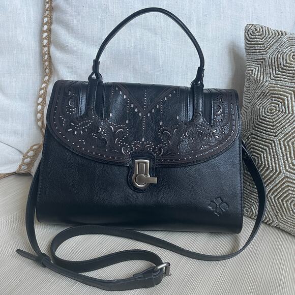 Patricia Nash Handbags - Patricia Nash Stintino Tooled Black Leather Saddle Satchel | Crossbody Turn-lock